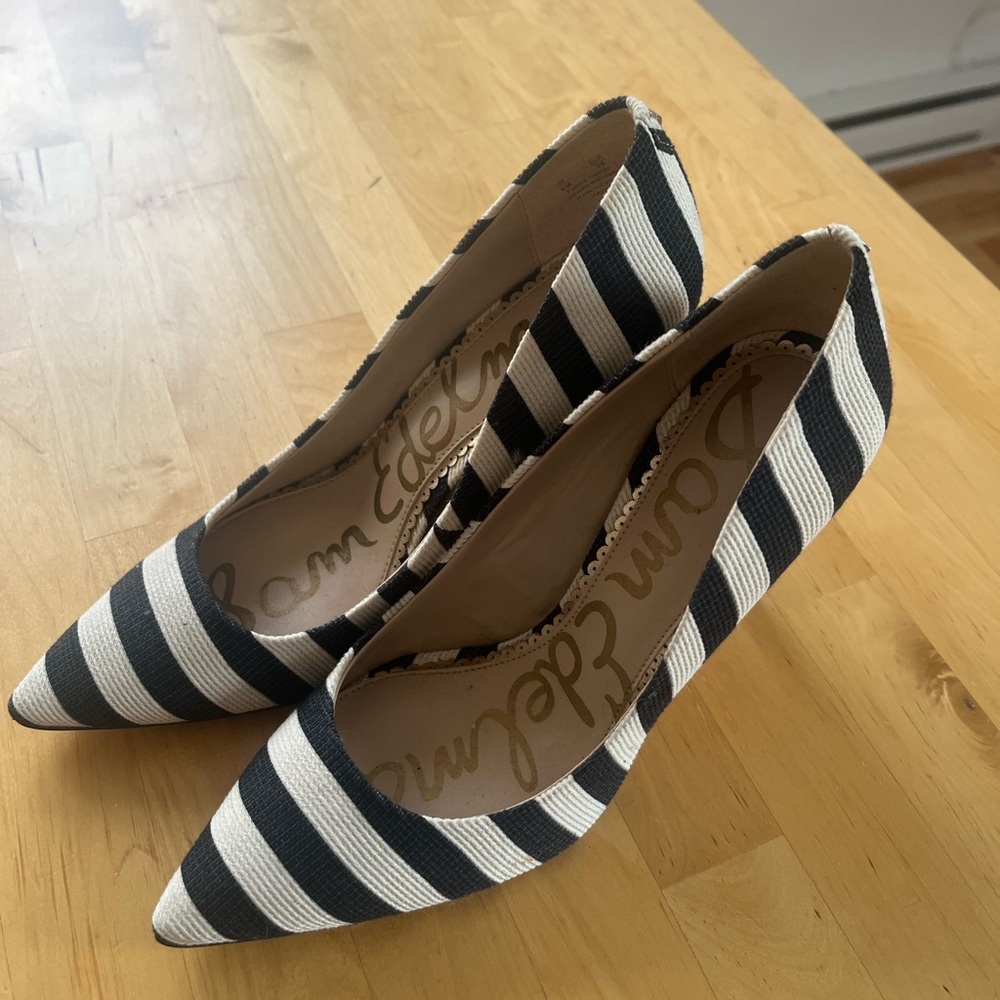 Sam Edelman Black and White Striped Pointed Toe Pumps - Nautical Chic